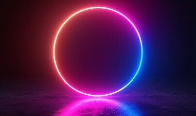 3d render, abstract geometric background. Glowing neon ring, gradient light. Blank round frame for product presentation, Generative AI