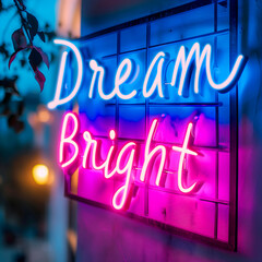 "Dream Bright" illuminates in neon blue and pink on a window grid, a beacon of inspiration set against the twilight glow, with soft bokeh effects adding to the dreamy ambiance