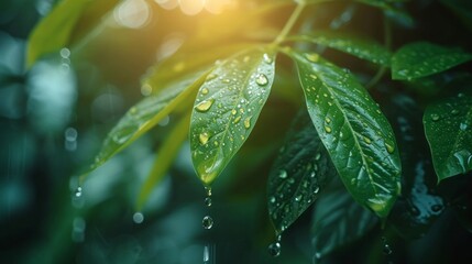 Super slow motion of water drop dripping from green palm leaves, spa and wellness background.