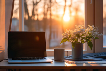 Work from home with laptop near window on sunrise