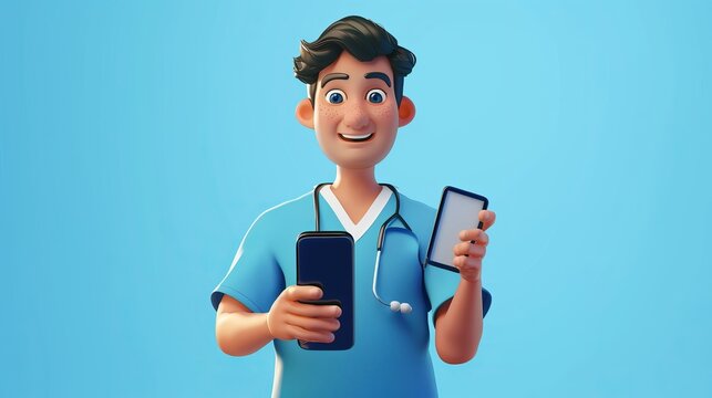 3d render, caucasian young man, nurse cartoon character wears blue shirt, looks at camera, shows smart phone with blank screen. Hospital support. Health care online consultation. Generative AI