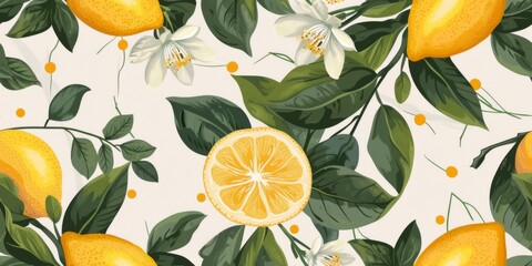 Vibrant hand-painted floral and fruit lemon seamless pattern with colorful blooms flowers and fruits, bright floral background. Botanical wallpaper.