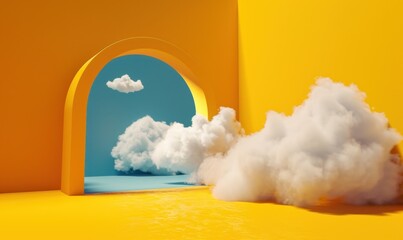3d render, abstract minimal background, white clouds flying out the blue tunnel inside the yellow room, Generative AI