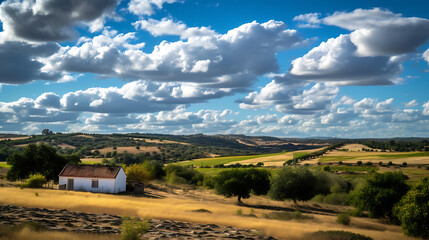 Naklejka premium view of Alentejo landscape with cottage in the foreground