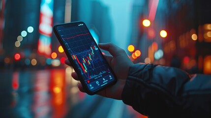 Person holding smartphone and checking stock market stock trading, trading app on mobile phone with chart in front, a woman holding up a cell phone, with stock market information on display - obrazy, fototapety, plakaty