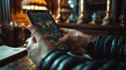 Person holding smartphone and checking stock market stock trading, trading app on mobile phone with chart in front, a woman holding up a cell phone, with stock market information on display - obrazy, fototapety, plakaty