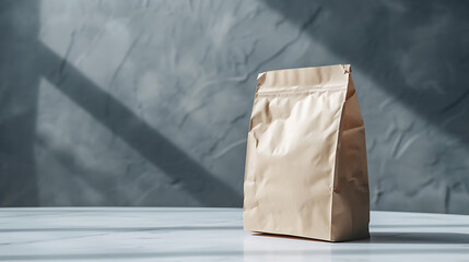 Brown paper bag on white table and grey wall background, copy space, your product name place. 