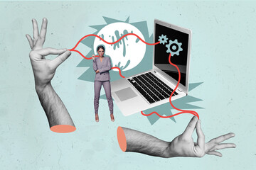 Creative photo collage picture young standing woman entrepreneur laptop system optimization setting cogwheels drawing background