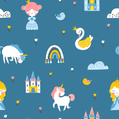 Fototapeta na wymiar Princess seamless pattern with unicorn, swan, castle and rainbow. Vector illustration of a girl in a fairy kingdom in a hand-drawn cartoon style. The pastel palette is ideal for baby clothes, textiles