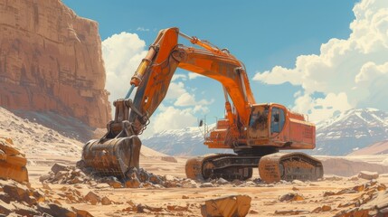 Excavator rocky cliff rock, a huge excavator is working on a desert site, an excavator is parked on a large rocky incline, this picture of an excavator digging in rocky ground