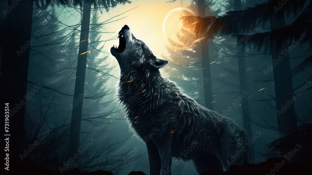 Wall mural wolf howling at the moon created with generative ai