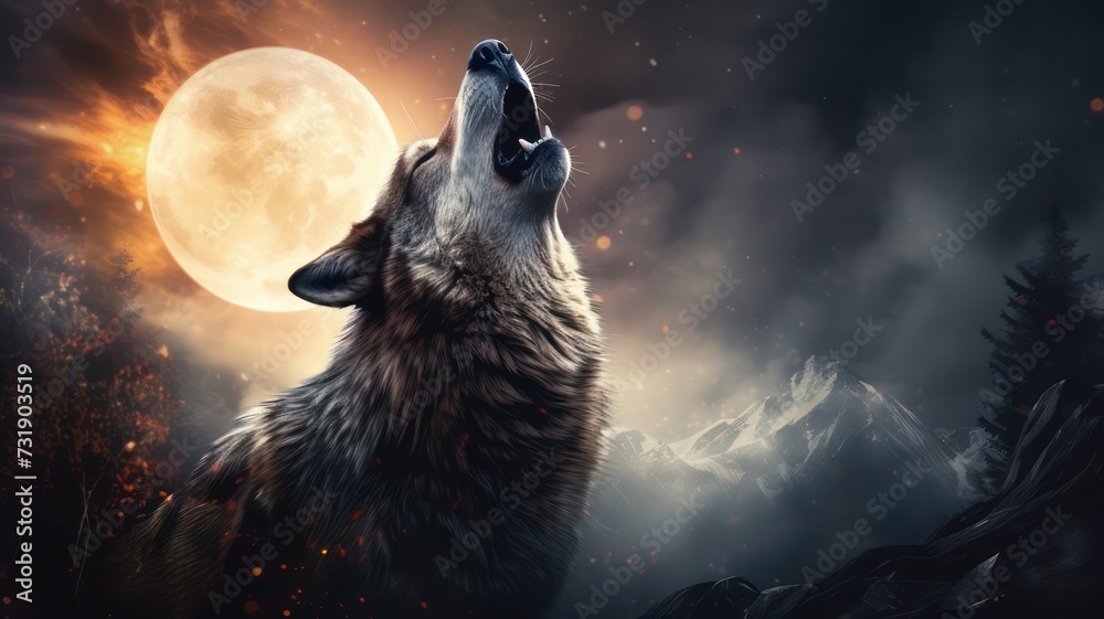 Wall mural wolf howling at the moon created with generative ai
