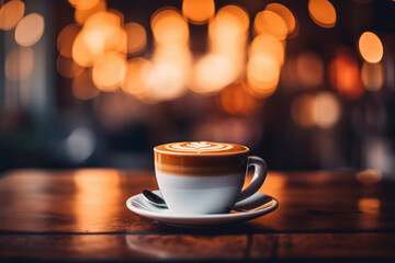 Inviting coffee break ambiance with a detailed cup on a table, creating a cozy atmosphere. Perfect for conveying warmth and sophistication in design projects