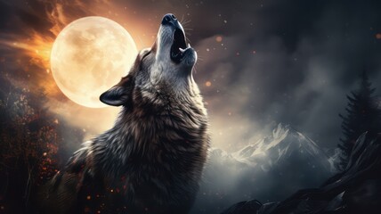 Wolf howling at the moon created with Generative AI