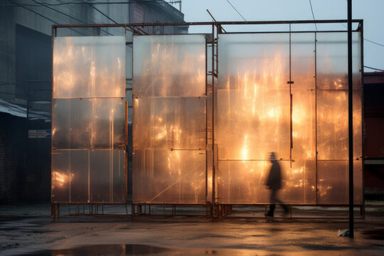 Blurred figure walks in front of contemporary art installation against a backdrop of industrial architecture, merging creativity with the grit of urban existence