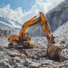 Excavator rocky cliff rock, a huge excavator is working on a desert site, an excavator is parked on...