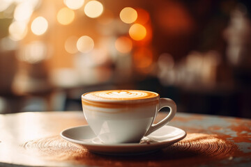 Obraz premium Cup of coffee with intricate design on the corner of the table with saucer blurred coffee shop in the background, warm cozy lighting