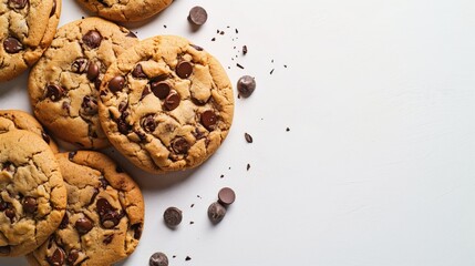 chocolate chip cookies on white with copy space.