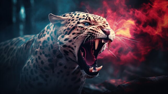 portrait of a Growling leopard. roaring in the wild.