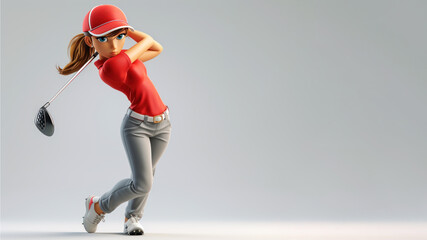 A woman cartoon golf player in red jersey with a stick