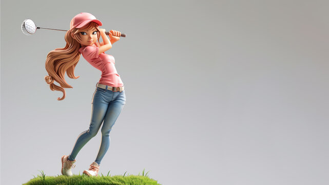 A woman cartoon golf player in pink jersey with a stick