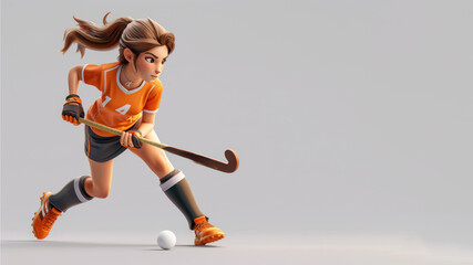 A woman cartoon field hockey player in orange jersey with a stick