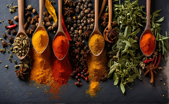 Spices and herbs in closeup on black background. Ai generated