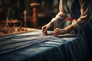 Bespoke fashion creation: A tailor's hands work with finesse, embodying the essence of craftsmanship in the exclusive world of haute couture.