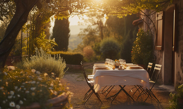 Long table served with luxury tableware, wine glasses, candles under old olive tree branches in deep Italian countryside sunset golden hour time. Big family relations, party preparation concept