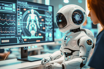 Fototapeta premium AI assistance robot provides the diagnosis information to the doctor, medical ai concept