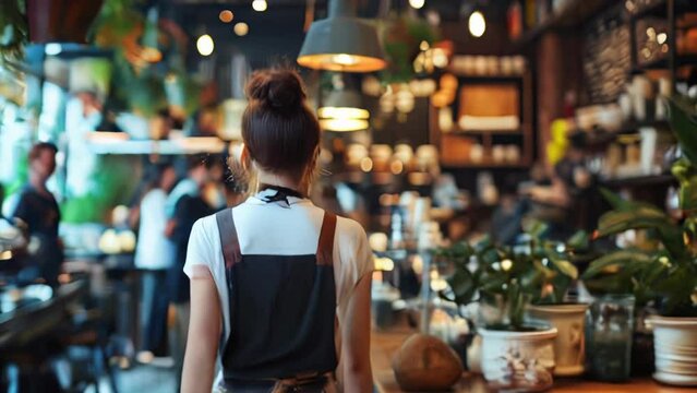 Back view of a young woman standing in a coffee shop and looking away