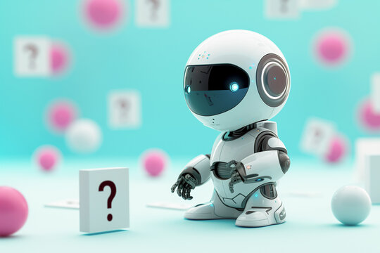 Miniature robot standing with question mark signs, ai chatbot, ask and answer, learning, training and development