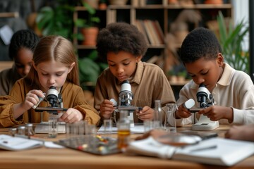 Mixed ethnicity children using microscopes, learning science together, focused, determined expressions, educational materials, group activity. Children of diverse collaborate in science study, - Powered by Adobe