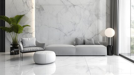 Luxurious modern living room design with marble flooring, a comfortable sofa, and lush greenery enhancing the elegant ambience.