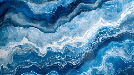 Abstract blue agate stone pattern with waves of varying shades of blue, resembling oceanic currents...