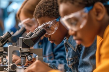 African American students with safety goggles use microscopes, intensely focused on science exploration, educational atmosphere. Children in science lab, concentrated on microscope work