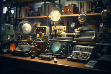 Creative Workspace: Vintage typewriters and retro gadgets  arranged on a modern desk, capturing the essence of classic office style with a touch of nostalgia. Perfect for creative professional