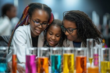 Three young girls in science lab, inspecting chemicals, teamwork in action, excitement for learning, colorful experiment. Trio of female students engage in chemistry lab, vibrant liquids in flasks,