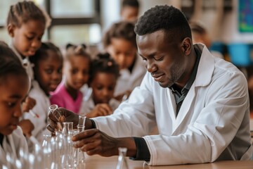 African American teacher laughing with students, science class fun, engaging education, enthusiastic learning, joyful moment. Happy African American male teacher in lab, captivating young students,