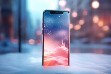 Sleek mobile phone on high gloss white top with modern neon lit city in the background. Available placeholder use on mobile phone - obrazy, fototapety, plakaty