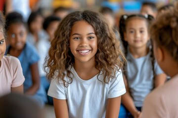 Young African American girl in classroom circle, happy expression, engaging in group activity, educational interaction. Cheerful young student with peers, classroom setting, enjoying group learning, - obrazy, fototapety, plakaty