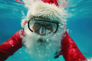 close view of Santa Claus diving and swimming underwater