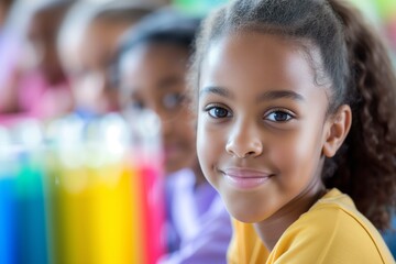 Young African American girl in classroom circle, happy expression, engaging in group activity, educational interaction. Cheerful young student with peers, classroom setting, enjoying group learning,