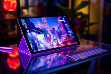 Futuristic graphic tablet, vibrant with neon hues, symbolizing the synergy of digital creativity and urban energy—a modern masterpiece for design professional