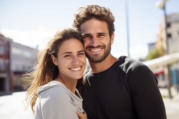Photo portrait of couple man and woman. About 20-30 years old. Casual clothes. Standing outside in sunny day in the city hugging looking at the camera and smiling. Happiness travelling dating concept.