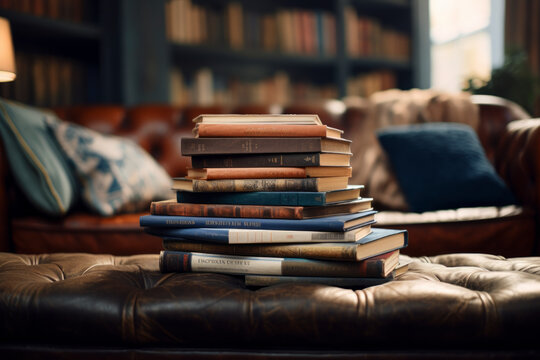 Creative, beautiful photograph of a stack of well-loved books in a cozy reading nook, in a domestic lounge.
