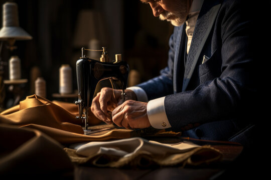 Tailor's hands intricately sewing a bespoke suit, highlighting the meticulous craftsmanship and attention to detail in the world of bespoke fashion, blurred background, cinematic feel.