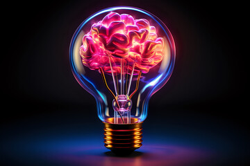 Luminous Brain Idea Concept.  A vividly rendered concept image featuring a brain-shaped filament within a light bulb, symbolizing innovation, intelligence, and brainstorming for creative 