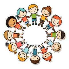 Circle of Cartoon Kids Unity.  A vibrant illustration of diverse cartoon children holding hands in a circle, ideal for educational materials, children's content, and community unity themes