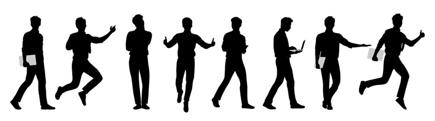Silhouettes of Businessman character in different poses. Happy man running, standing, walking, jumping, using phone, laptop, front, side view. Vector black illustration on white background.